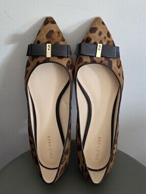 Cole Haan Leopard Print Pointed Toe Flats with Black Bow